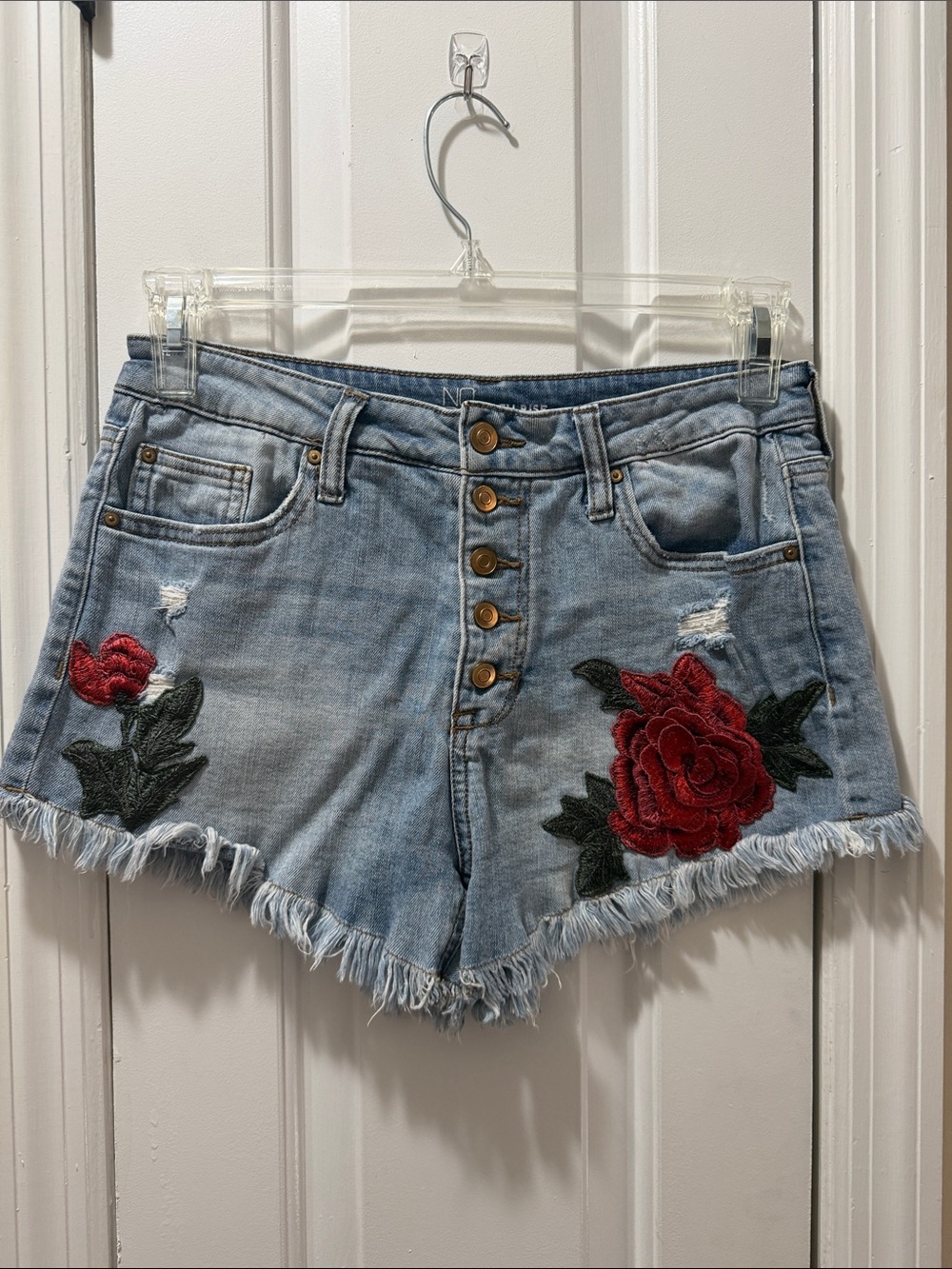 NOBO Light Blue Denim Shorts with Red Rose Embroidered Patch and Frayed Hem